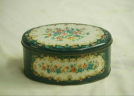Vintage Floral Cross Stitch Pattern Lithograph Tin w Lid Oval Container England - £13.22 GBP