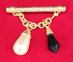 Vintage Ivana Trump Gold Tone Brooch Pin Pearl Black Pendulum - £59.87 GBP