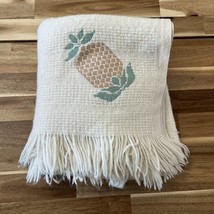 Vintage Faribo Wool Blend Cream Fringe Throw Blanket With Pineapple Acce... - $31.34