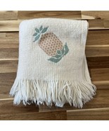 Vintage Faribo Wool Blend Cream Fringe Throw Blanket With Pineapple Acce... - $31.34
