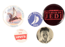 5 Vintage Pin Buttons Jedi Levi&#39;s Ducks Unlimited Sailing Clyde Beatty Lot - $17.75