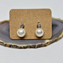 HDS 925 Sterling Silver Button Pearl &amp; CZ Pierced Earrings Studs Cubic Z... - $24.95