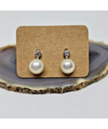 HDS 925 Sterling Silver Button Pearl &amp; CZ Pierced Earrings Studs Cubic Z... - £19.50 GBP