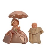 Vtg Celluloid Plastic Baby Doll Parasol Pink Satin BEST USA, 3 1/4&quot; + Ba... - $641.91 MXN