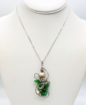 Wire Wrapped Sterling Silver Green Fluorite Stone Pearl Mermaid Pendant Necklace - £98.90 GBP