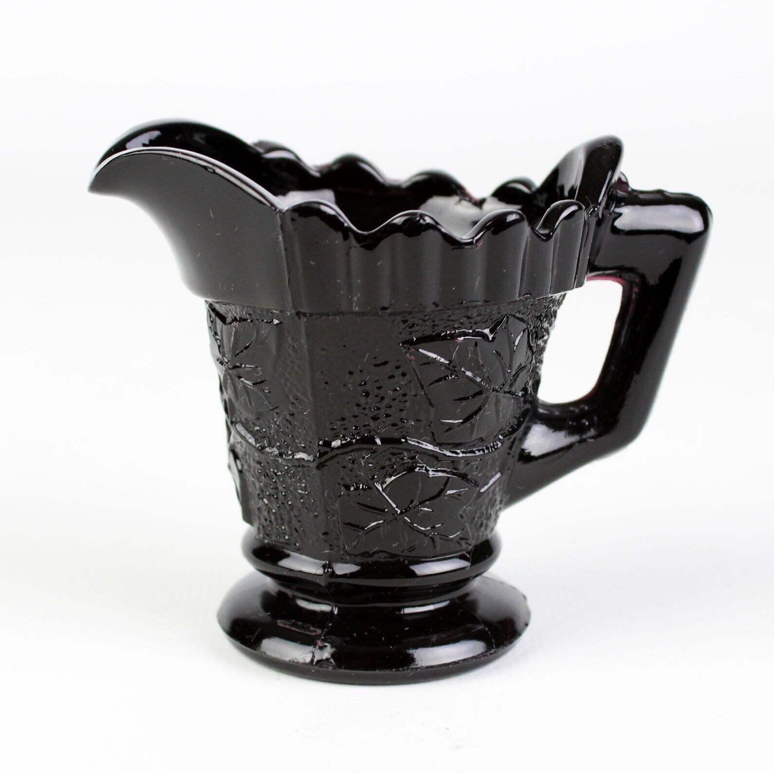 Primary image for Sandwich Ivy Black Amethyst Small Creamer, Antique Flint Glass c.1840s 2 3/4"