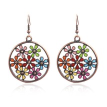 Boho Vintage Ethnic Flower Drip Oil Hollow Round Drop Dangle Earrings For Women  - £7.05 GBP