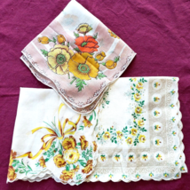 3 Yellow Floral Cotton Handkerchiefs  13.5&quot; 12&quot; 11&quot; - £5.45 GBP
