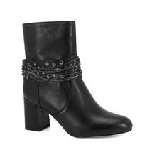 Black Genuine Leather Ankle Boot Metal Chain Square Heels Handmade Shoes Warm Of - £173.87 GBP