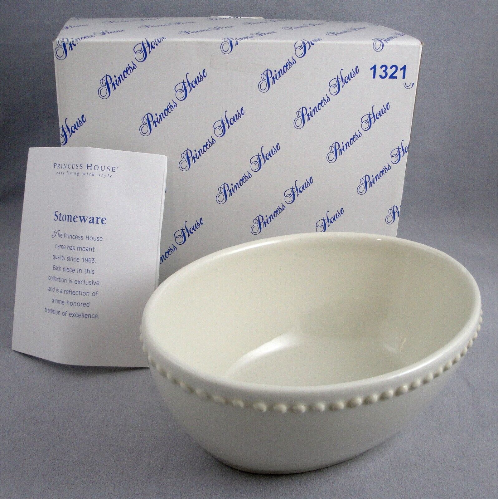 Princess House Pavillion 1321 Stoneware Ceramic Bowl Oval Beige Hobnail Border - $19.45
