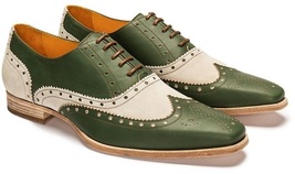 Men&#39;s Handmade White Green Leather Lace Up Shoes, Men Dress Wing Tip Brogue Shoe - £112.24 GBP