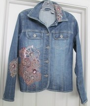 Chico&#39;s Platinum Jean Jacket Lace Cotton Blend Blue Denim Size 0 Vintage - £30.49 GBP