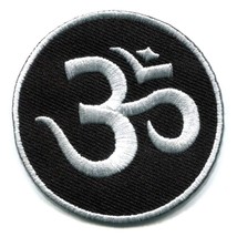 OHM IRON ON PATCH 2.25&quot; Hindu Om Aum Embroidered Applique Black White India Yoga - £3.13 GBP