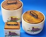 Vintage BAUER POTTERY CANISTERS - Rustic Farm Barn Scene &amp; Wood Lid - Se... - £67.19 GBP
