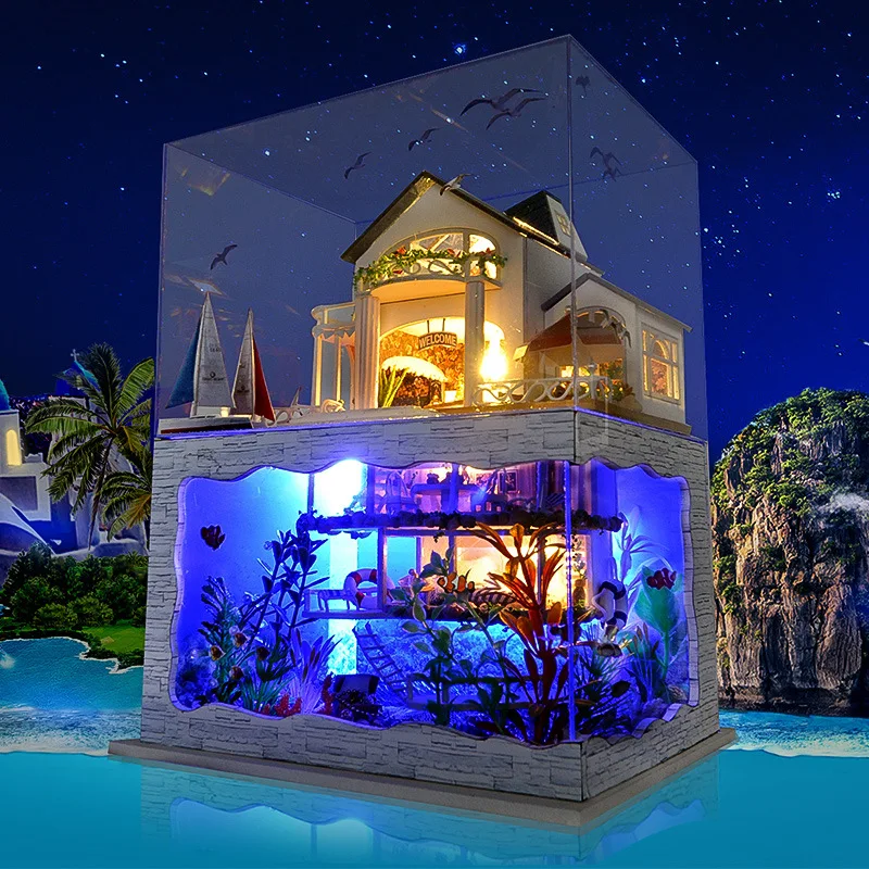 DIY Dollhouse With Lights Miniature Sea Villa Big House with Furniture Assembly - £42.43 GBP