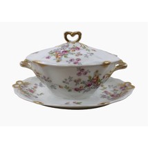 Limoges Covered Gravy Boat Charles Ahrenfeldt Attached Underplate Pink Roses Gol - £31.29 GBP
