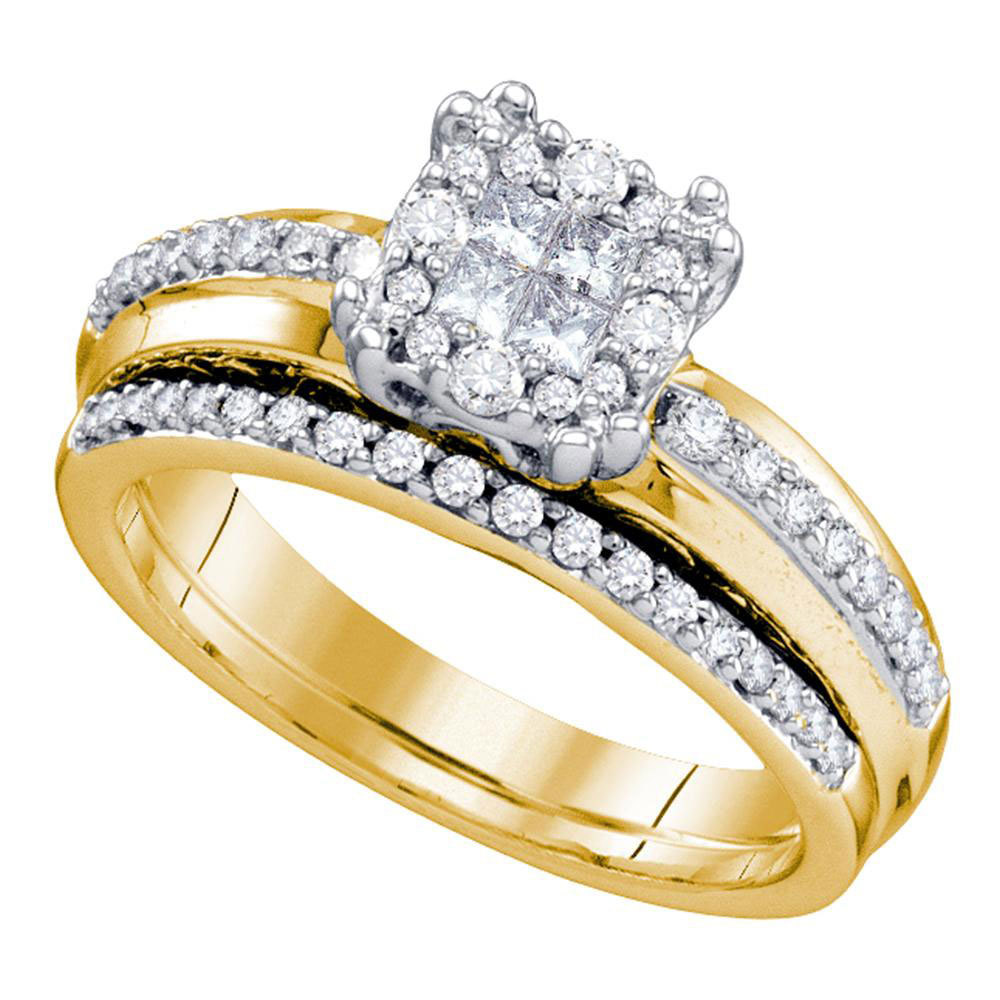 Primary image for 14k Yellow Gold Princess Round Diamond Cluster Bridal Wedding Ring Set