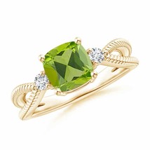 ANGARA Cushion Peridot Split Shank Ring with Rope Detailing in 14K Gold - £947.69 GBP