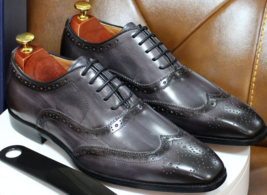 Customize Patina Brogue Wingtip Leather Handmade Oxford Lace Up Formal Shoes - £117.26 GBP