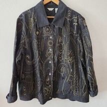 Laura Ashley Embroidered Paisley Denim Jacket Black Gray Art-To-Wear Bea... - $35.00