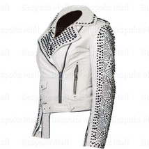 New Women&#39;s White Punk Metallic Studded Star Design Genuine Leather Jacket-668 - £310.61 GBP