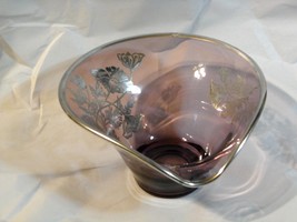 Lavender Ring Footed Art Glass Bowl w Silver Flower Overlay &amp; Rim 3&quot; - £23.35 GBP