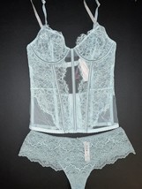 Victoria&#39;s Secret unlined M CORSET bustier+thong shine strap MINT lace VERY SEXY - £79.55 GBP