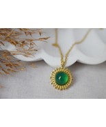 Necklace green agate, 14k gold plated stainless steel round gemstone pendant, Su - $31.99