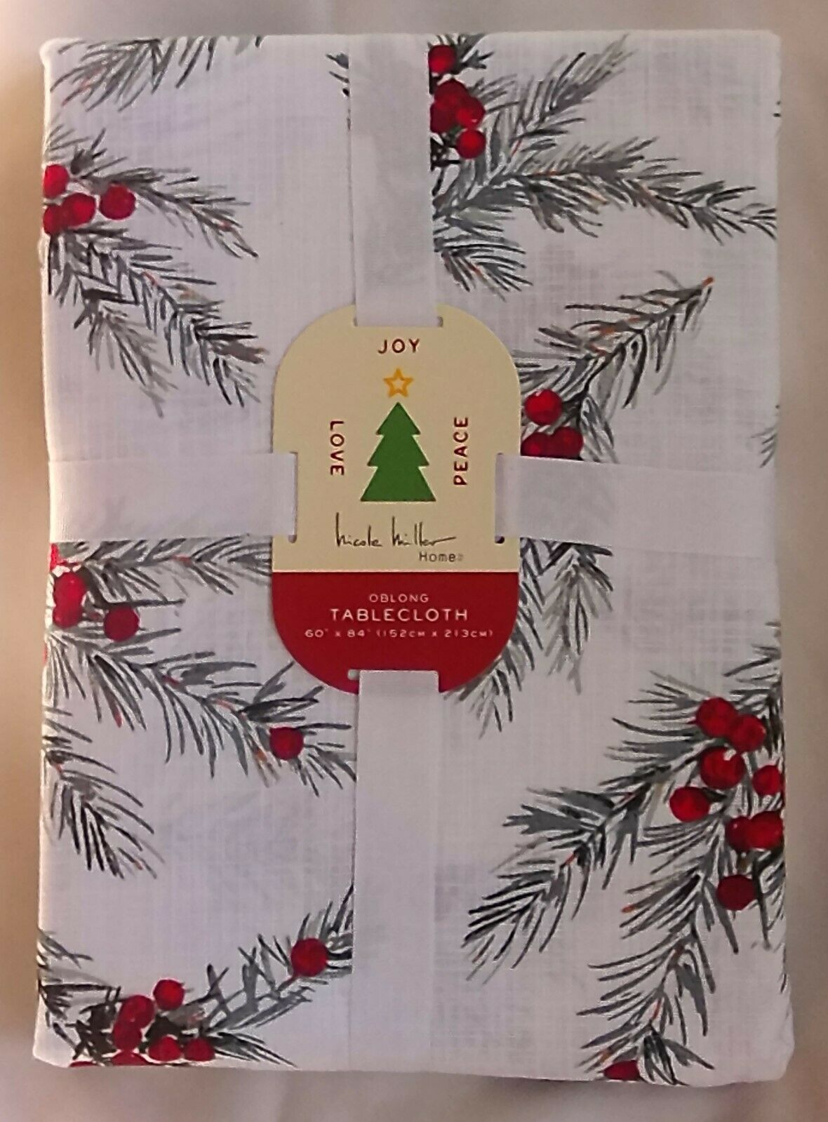 NEW Nicole Miller Home Pine Cone Berry Christmas Fabric Tablecloth 60" X 104" - $42.07