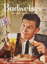 1958 Print Ad Budweiser Beer Man Drinks Glass of Bud &amp; Eats a Plate of Spaghetti - £16.73 GBP