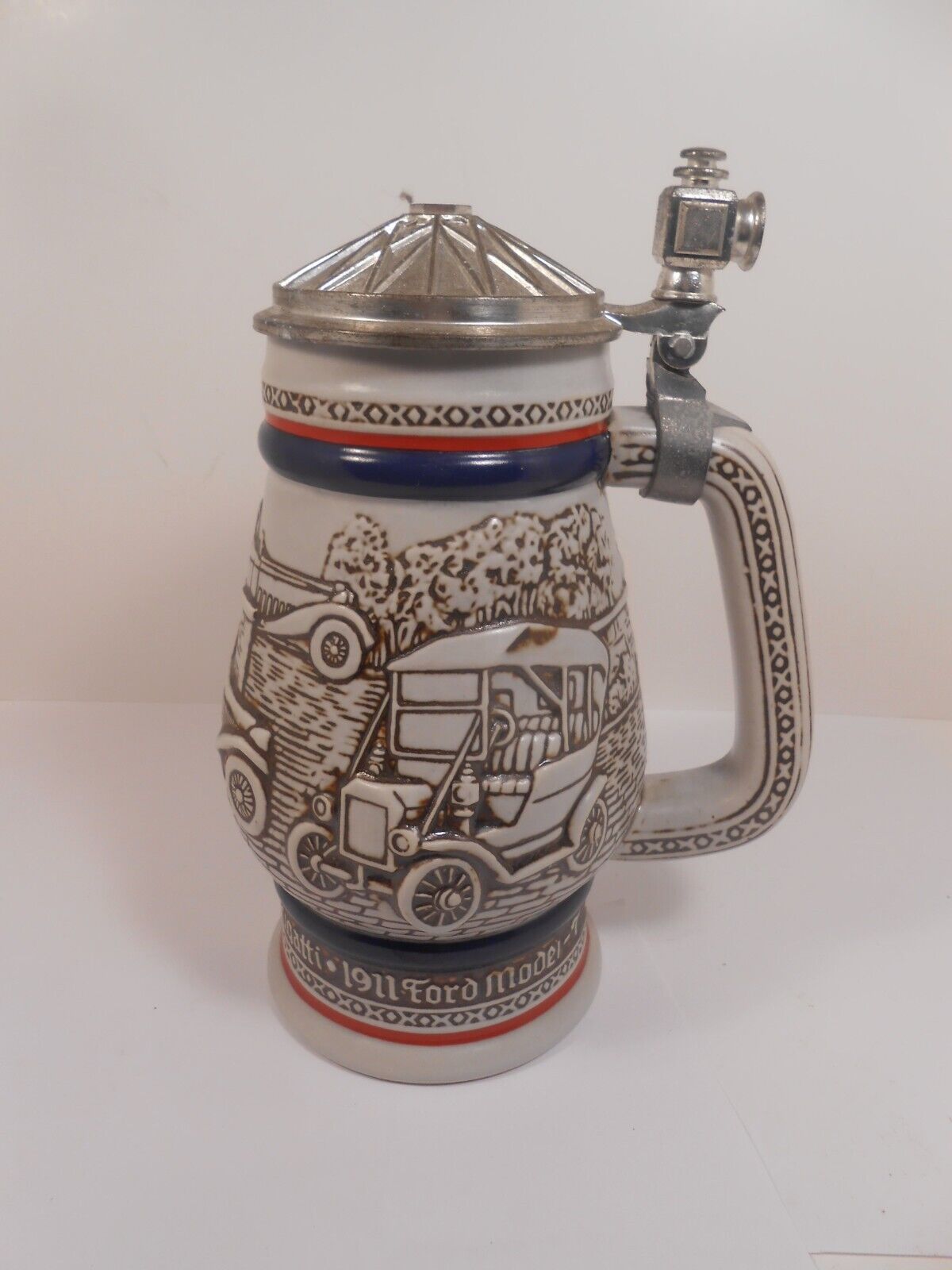 Vintage Avon Ceremarte Lidded Beer Stein  MG Stanley Steamer Ford Model ... - $14.00