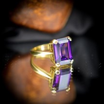Natural Emerald Cut Amethyst Paste Solitaire Gold on Silver Cocktail Ring Gift - £1,365.92 GBP