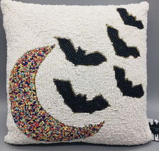 Noir Night Halloween Beaded Throw Pillow Black Bats Colorful Crescent Moon 14x14 - £36.53 GBP