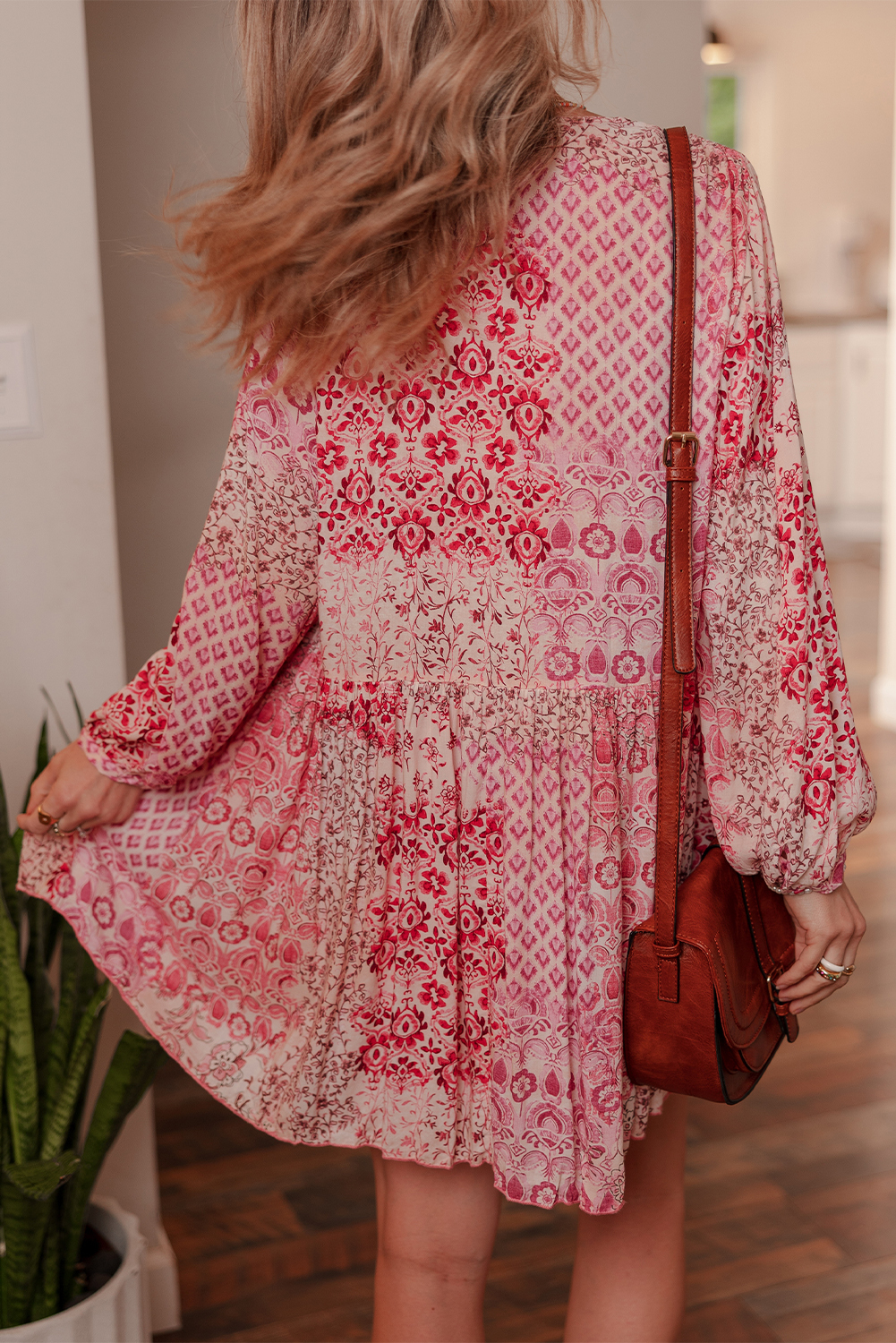Pink Bohemian Floral Print Tassel Tie Long Sleeve Flowy Mini Dress Item image 2