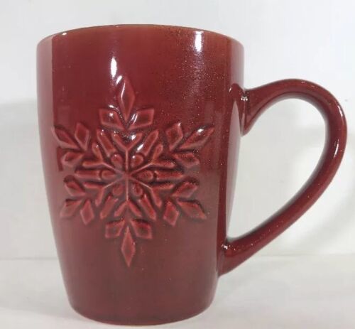 Primary image for Rare Pfaltzgraff Mug Red Sparkling Coffee Cup Embossed Holiday Winter Snowflake