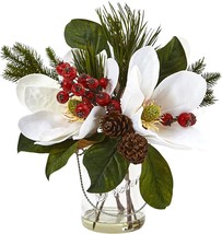 Nearly Natural 4548 Magnolia, Pine, And Berry Holiday Arrangement In Glass Vase - $50.99