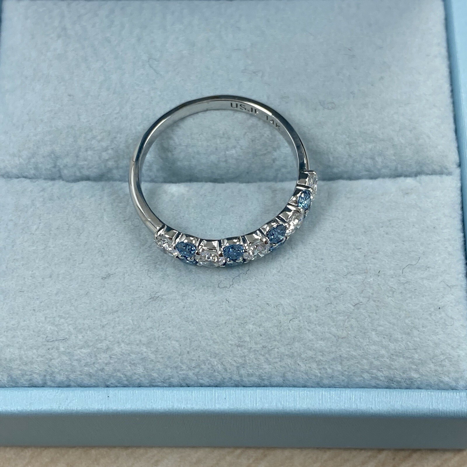 White Blue 1.00 Ct Round Lab Grown Diamond Alternating Wedding Band 14k Gold Item image 5