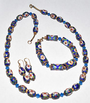 Vintage Murano Blue Venetian Glass 3pc Floral Necklace Set w Bracelet &amp; Earrings - £60.85 GBP
