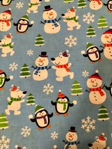Christmas Friends - Snowman Christmas Trees, Dogs - Cotton Fabric on Blue 1/2 yd - £3.55 GBP