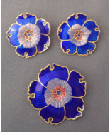 Vintage 1970s 80s Cloisonne SET Flower Brooch CLIP Earrings Cobalt Blue ... - £22.86 GBP