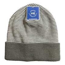Winter Essentials Unisex Gray White Stripe Knit Stretch Beanie Hat New - $3.99