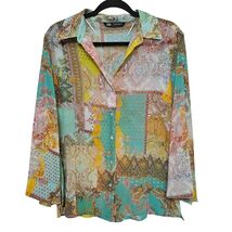 Zara Boho Cottagecore Vintage Patchwork Satin-like Blouse Paisley Floral... - $22.99