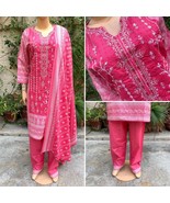 Pakistani Pink Printed Straight Shirt 3-PCS Lawn Suit w/ Threadwork ,XL - £40.35 GBP