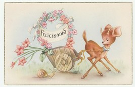 Vintage Postcard Deer Pulls Cart of Flowers Felicidades From Spain - £5.53 GBP