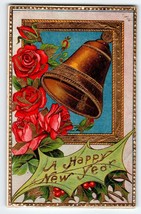 New Years Day Postcard Holiday Greetings Roses Flower Gold Bell Gel Germany 1910 - £5.96 GBP