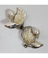 Vintage Clip Earrings Brushed Gold Tone Leaf w/ Faux Pearl 1 Inch - $23.30 CAD