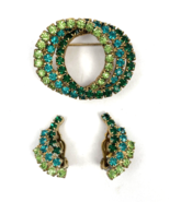 Vintage Green Uranium Glass Brooch &amp; Earrings Set Circles Crystal Clip - $107.01 CAD