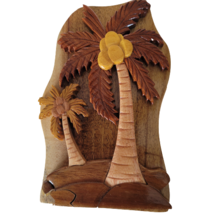 Palm Trees Secret Puzzle Jewelry Box 3D Wooden Trinket Stash Hand Carved Wood - £23.34 GBP