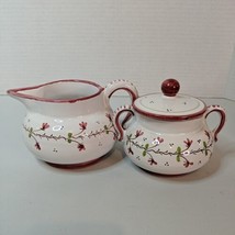 Labor Deruta Vintage Italian Creamer &amp; Sugar with Cover Set Red Flowers ... - £21.92 GBP