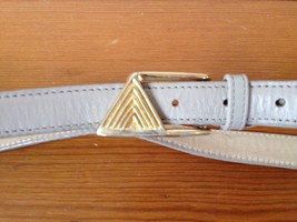 Vtg 70s 80s Evan Picone Skinny Gray Leather Belt w Solid Brass Logo Buckle 34 - £31.85 GBP